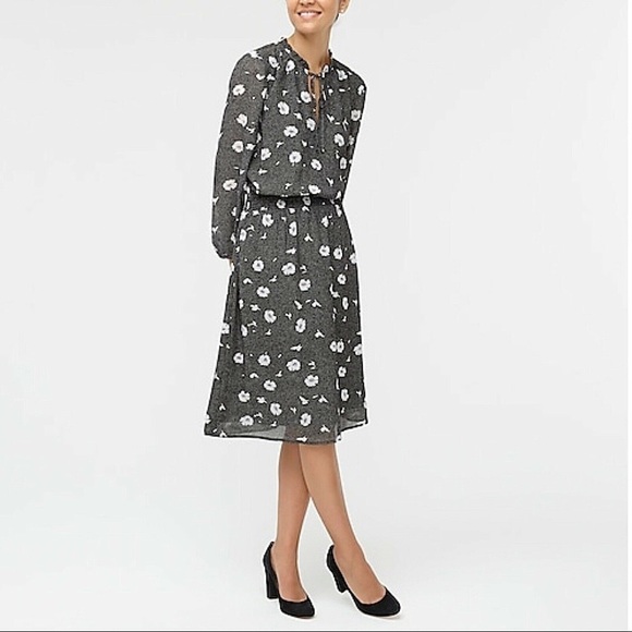 J. Crew Factory Black Floral Printed Tie-Neck Long Sleeve Dress 
Size XS - Picture 7 of 10